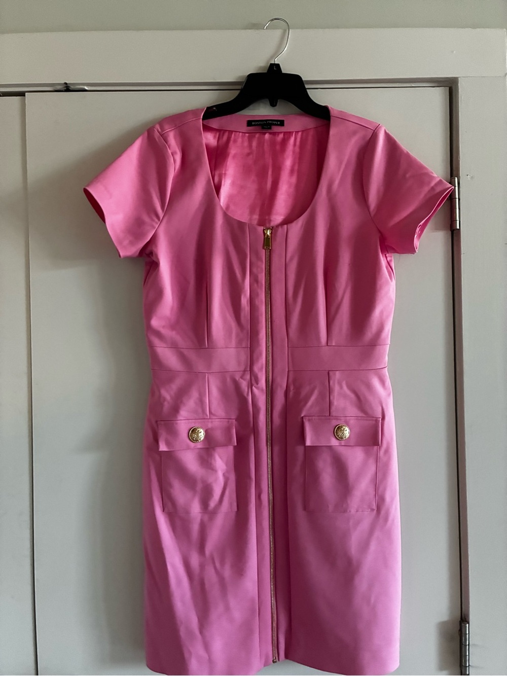 Boston Proper Pink Zip-Front Short Sleeve Dress